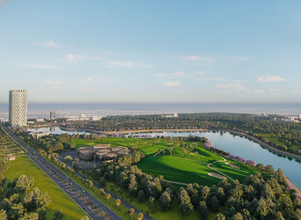 Panoramic master plan of GWT Community showing the lake, golf course, country club, dancing fountain and marina walk