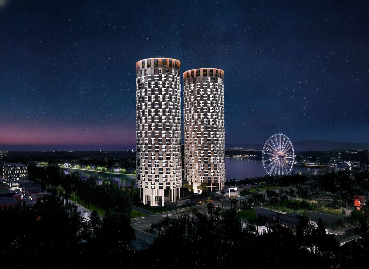 Green World Towers — 457 ft twin towers with sky garden, residential floors, swimming pool, basement parking and lake views